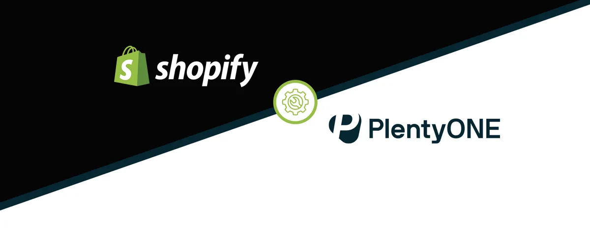 Diagonales geteiltes Bild mit Shopify-Logo auf Schwarz und PlentyONE-Logo auf Weiß, getrennt durch ein Zahnrad-Symbol.