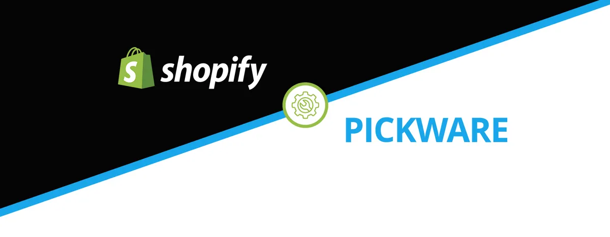 Diagonal geteilter Hintergrund mit Shopify-Logo auf Schwarz und Pickware-Logo auf Weiß, getrennt durch ein Zahnrad-Symbol in einem grünen Kreis.