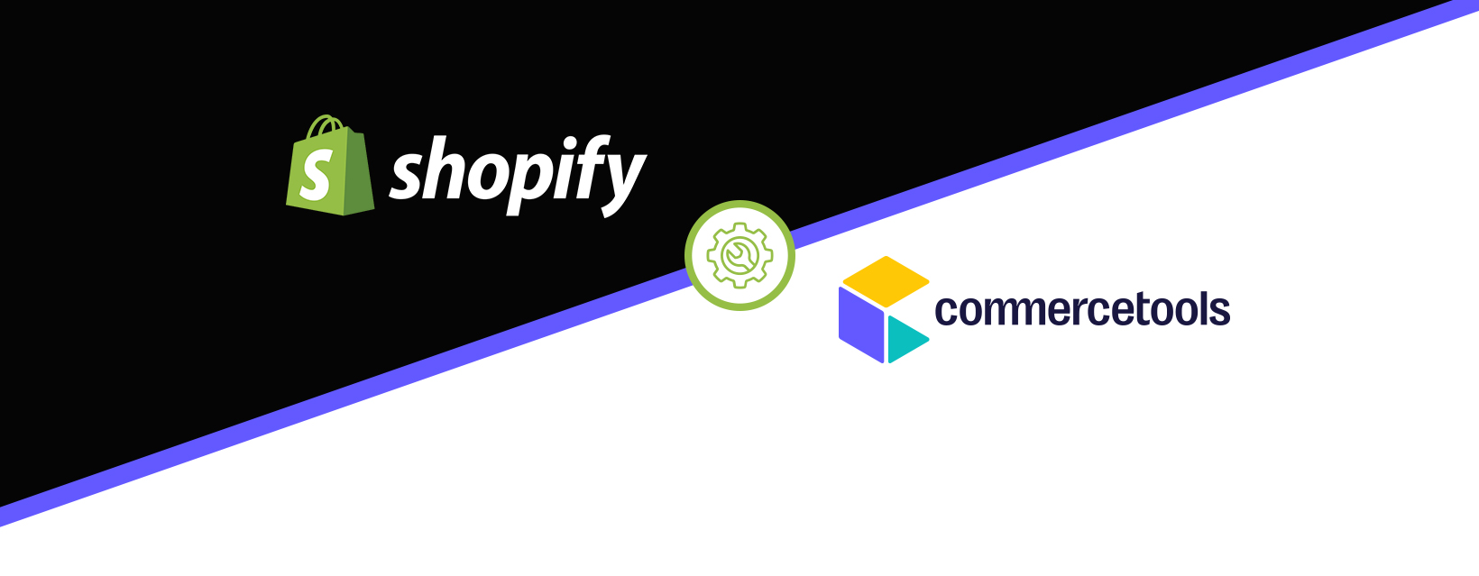 Diagonales geteiltes Bild mit dem Shopify-Logo auf der linken Seite und dem Commercetools-Logo auf der rechten Seite, getrennt durch ein Zahnradsymbol.