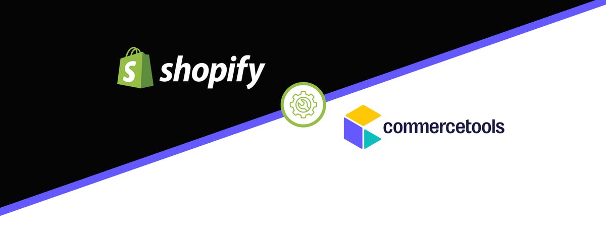 Diagonales geteiltes Bild mit dem Shopify-Logo auf der linken Seite und dem Commercetools-Logo auf der rechten Seite, getrennt durch ein Zahnradsymbol.