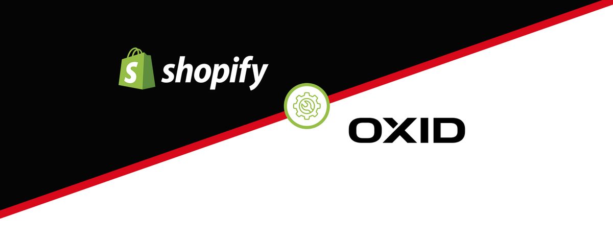 Diagonales geteiltes Bild mit Shopify-Logo auf schwarzem Hintergrund und OXID eShop-Logo auf weißem Hintergrund, getrennt durch ein grünes Zahnrad-Symbol.