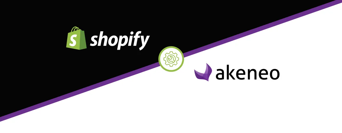 Geteiltes Bild mit Shopify-Logo auf schwarzem Hintergrund und Akeneo-Logo auf weißem Hintergrund, getrennt durch ein Zahnrad-Symbol.