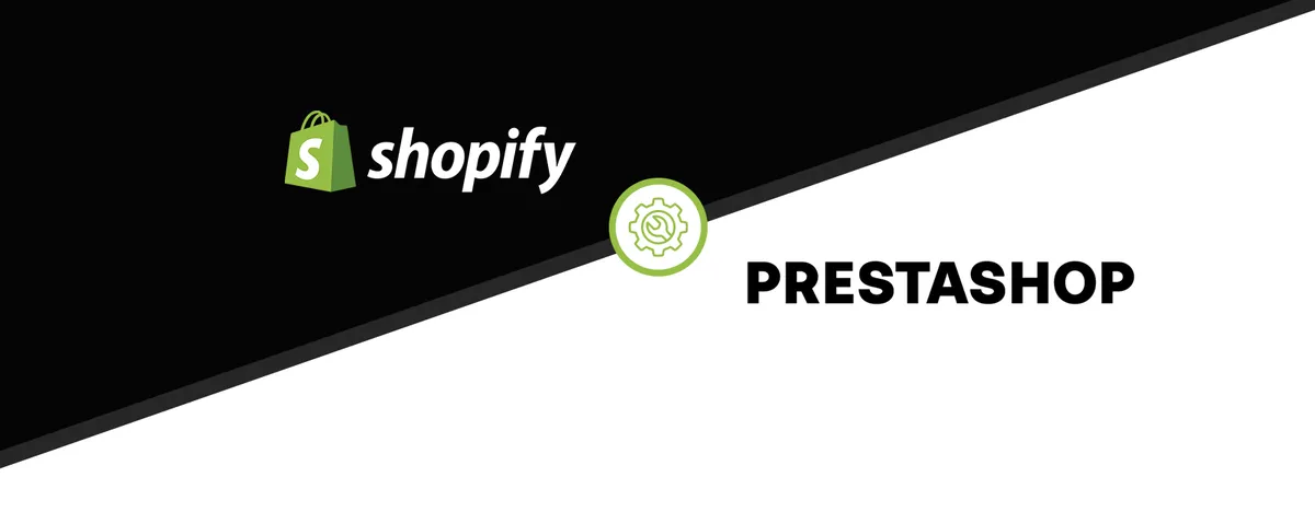 Diagonales geteiltes Bild mit Shopify-Logo auf schwarzem Hintergrund und PrestaShop-Logo auf weißem Hintergrund, getrennt durch ein Zahnrad-Symbol.