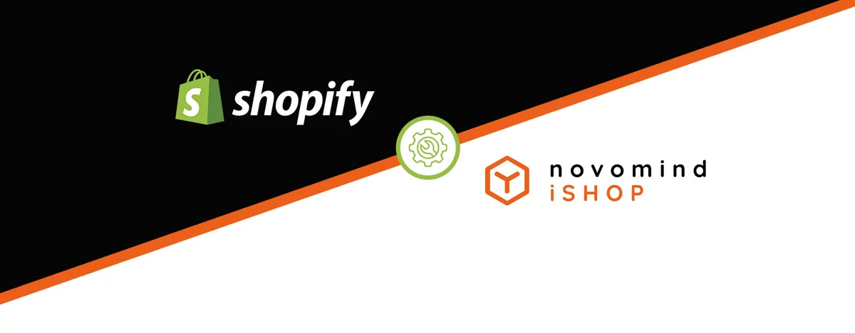 Die Logos von Shopify und novomind iSHOP sind durch eine diagonale Linie mit einem Zahnradsymbol in der Mitte getrennt, das die Integration symbolisiert.