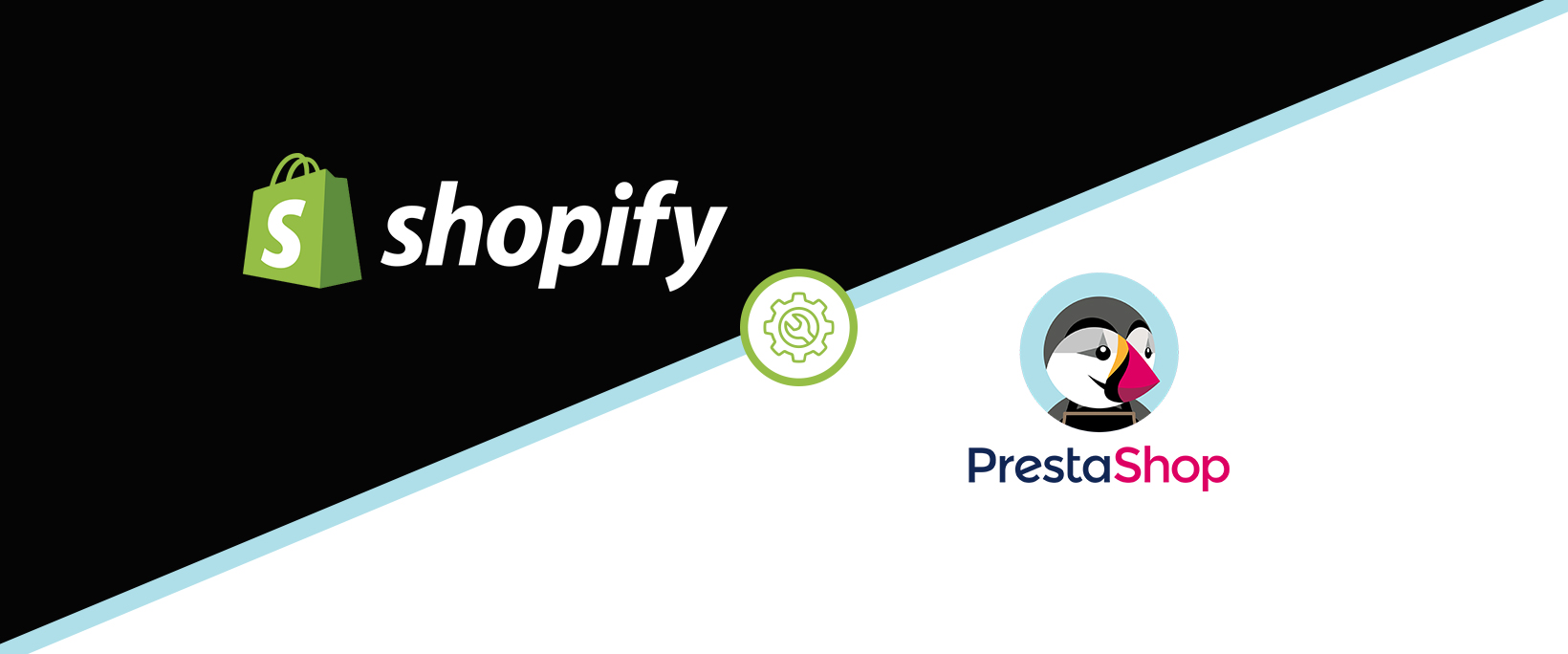 Geteiltes Bild mit Shopify-Logo auf der linken Seite und PrestaShop-Logo auf der rechten Seite, getrennt durch ein Zahnrad-Symbol in der Mitte.