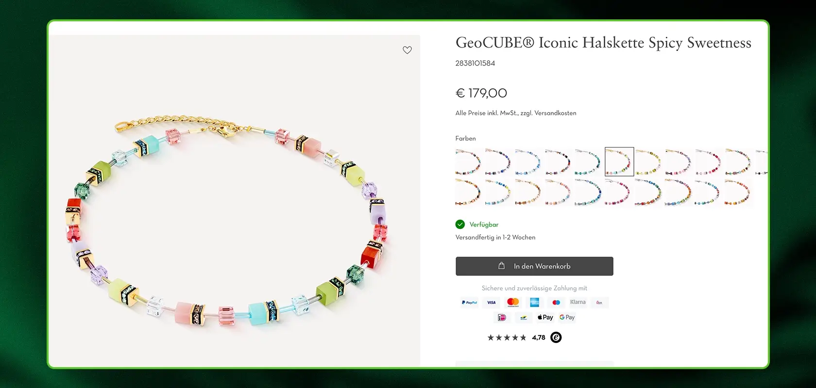Bunte Perlenkette, auf einer Website mit Produktdetails präsentiert, zum Preis von 179 €. In verschiedenen Farben erhältlich.