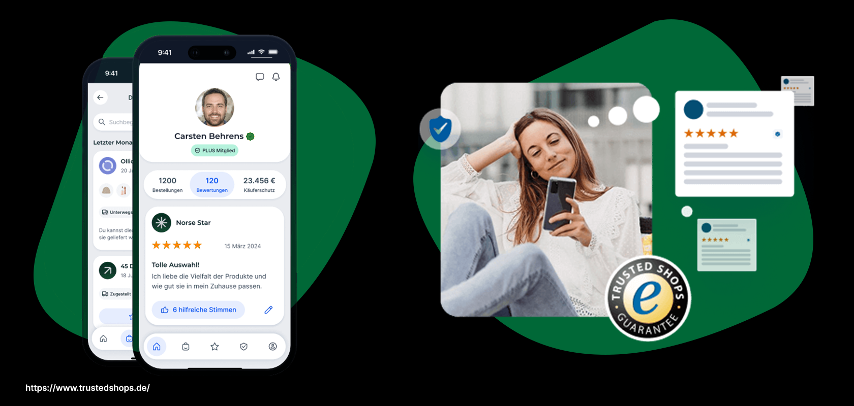 Smartphone mit Profil und Bewertungen neben einer Frau, die ein Telefon benutzt, mit Trusted Shops Logo und verschiedenen Bewertungssymbolen.
