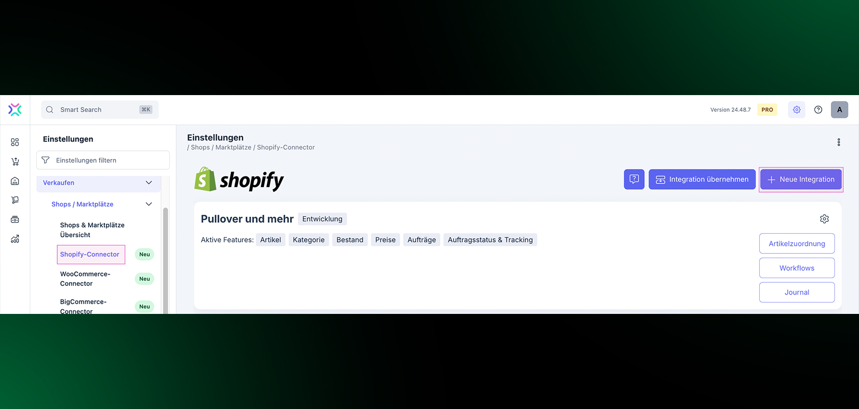 Shopify-Einstellungsseite mit Navigationsmenü auf der linken Seite. Zu den Optionen gehören Integrationen und Funktionen. Die Benutzeroberfläche ist auf Deutsch.
