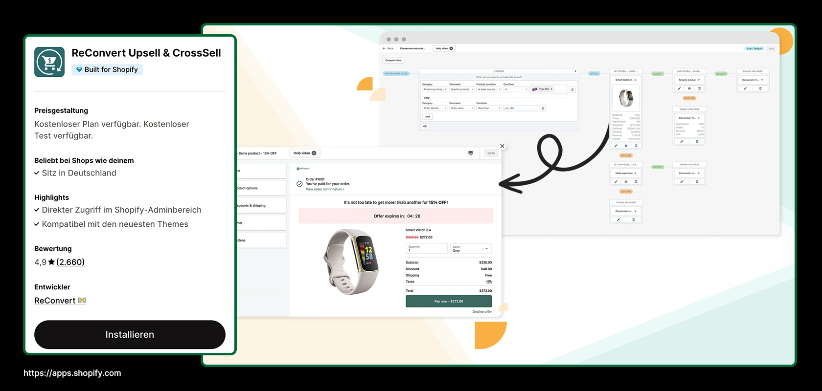Screenshot der Benutzeroberfläche der ReConvert Upsell & Cross-Sell-App mit Produkt-Upsell-Optionen und Installationsdetails für Shopify.