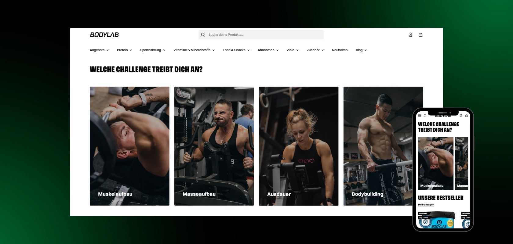 Website mit Fitness-Herausforderungen und Bildern von Menschen beim Sport, die auf einem Desktop und einem Smartphone angezeigt werden.