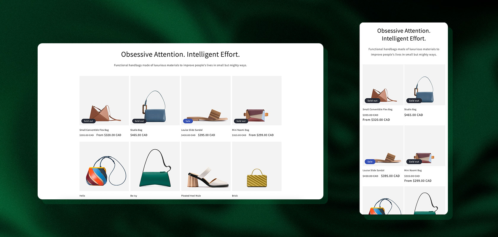 Eine Webseite, auf der verschiedene Handtaschen und Schuhe mit Produktbildern, Namen und Preisen vor einem grünen Hintergrund angezeigt werden.