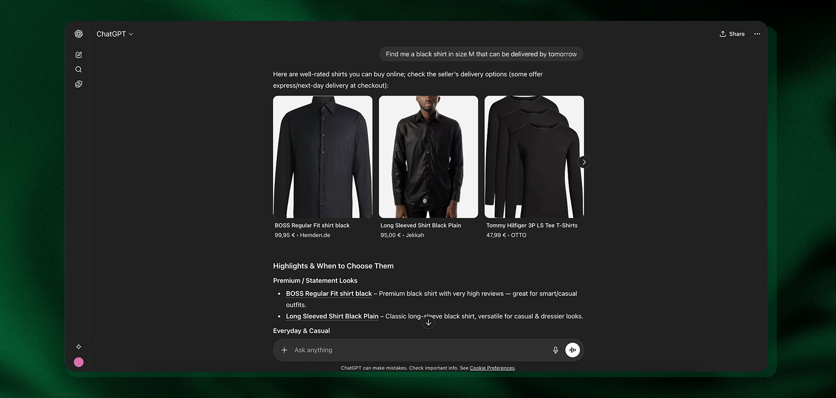 Screenshot of a chat interface displaying a conversation, with three images of black men's jackets and some text descriptions.