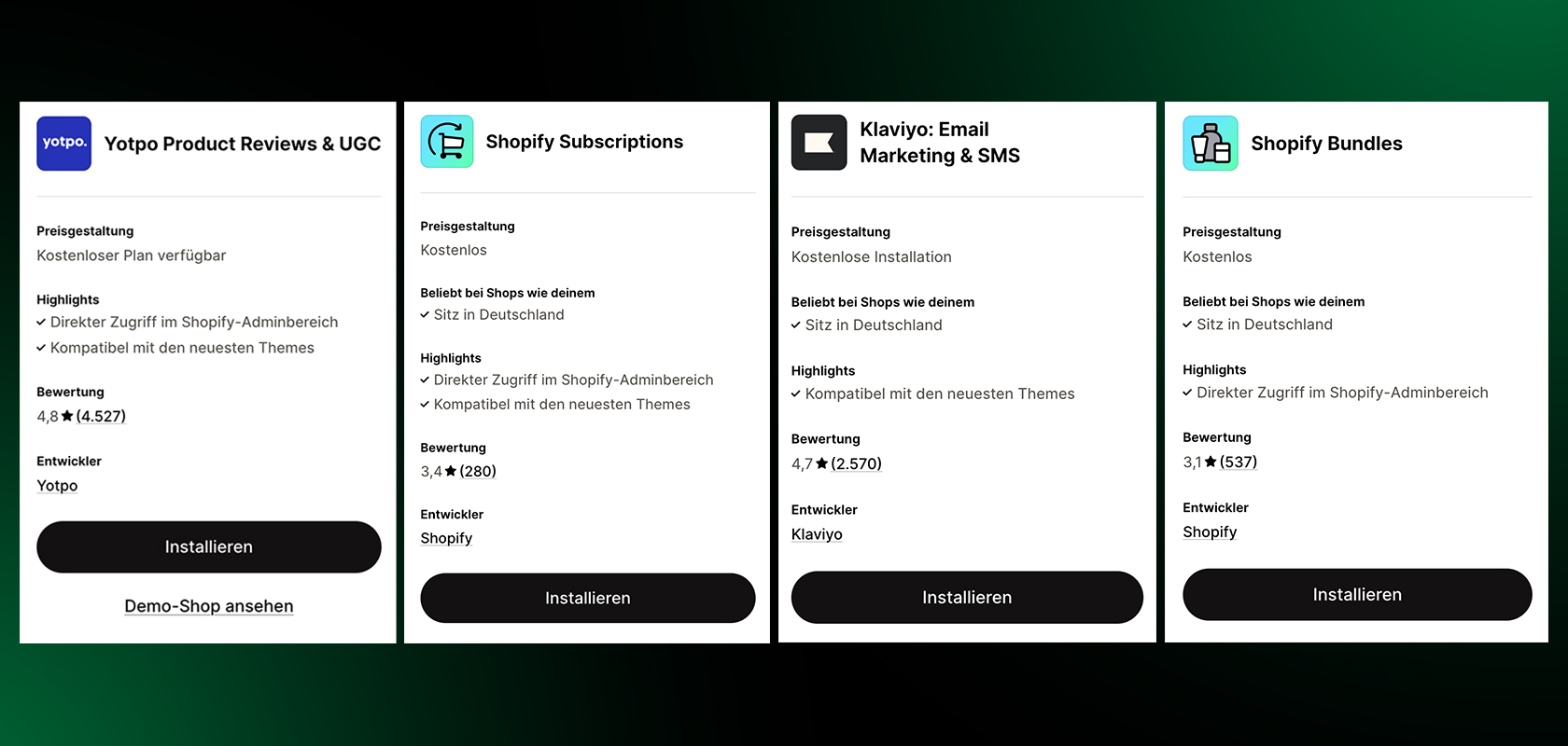 Vergleich von vier Shopify-App-Optionen mit Preisen, Highlights und Bewertungen für Yotpo, Shopify Subscriptions, Klaviyo und Shopify Bundles.