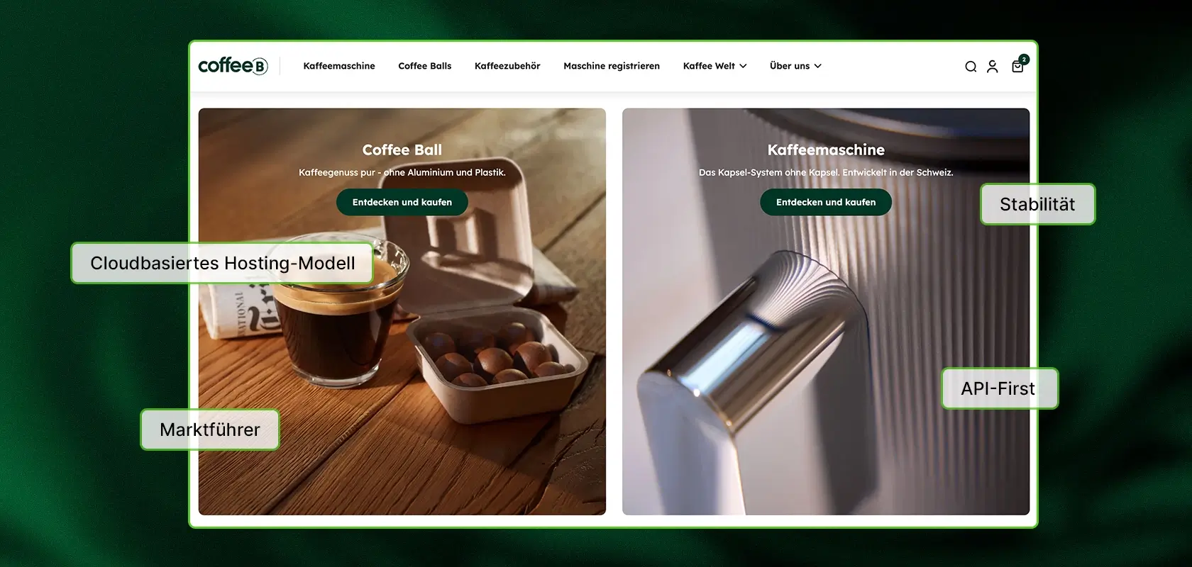 Eine deutsche Website, auf der Kaffeeartikel wie „Coffee Ball“ und „Kaffeemaschine“ angeboten werden, mit Schlagwörtern wie „Marktführer“ und „Stabilität“.