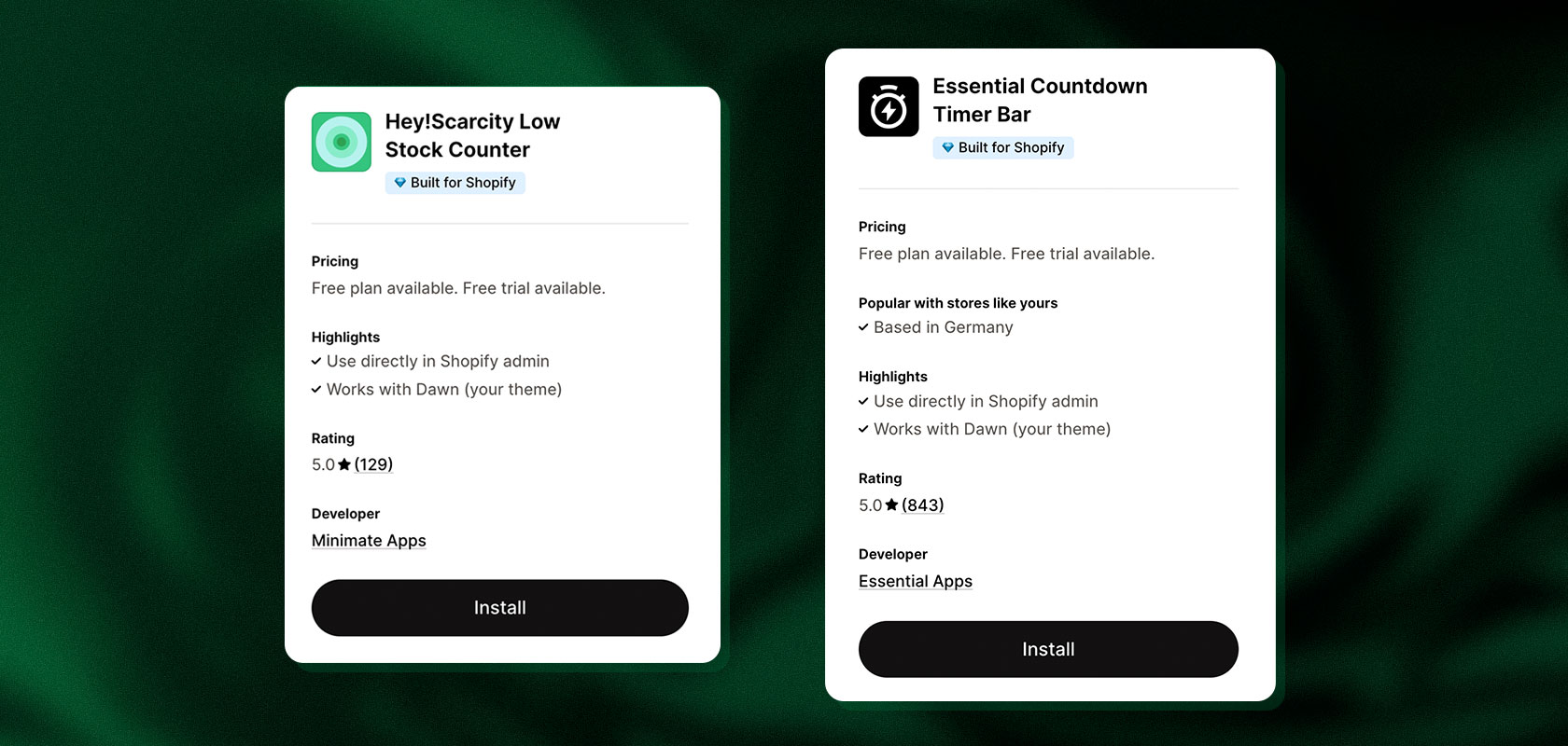 Vergleich zweier Shopify-Apps: Hey!Scarcity Low Stock Counter und Essential Countdown Timer Bar, mit detaillierten Angaben zu Preisen, Nutzung und Entwicklerinformationen.