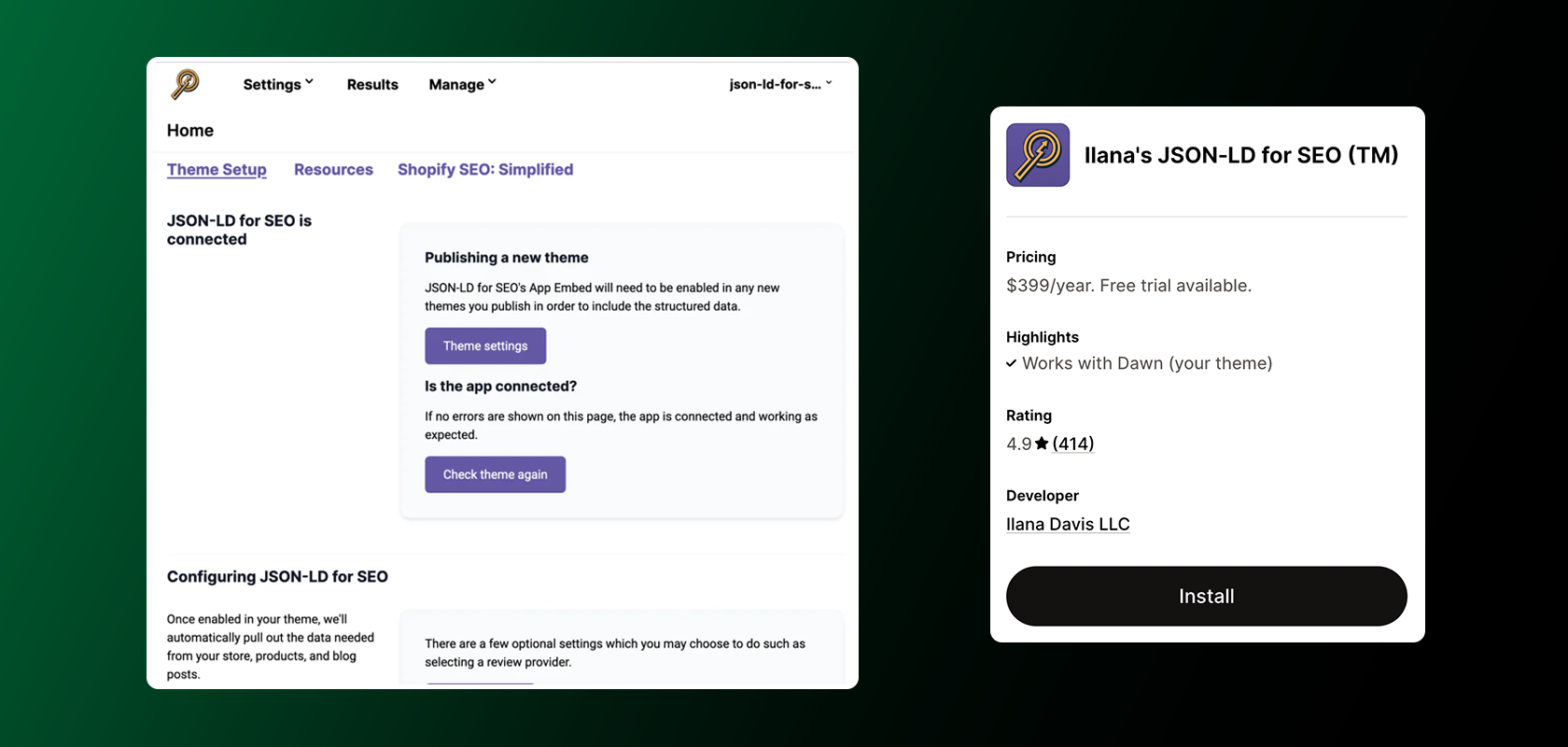 Interface showing JSON-LD for SEO settings on the left and an app installation page on the right, featuring Ilana's JSON-LD for SEO.