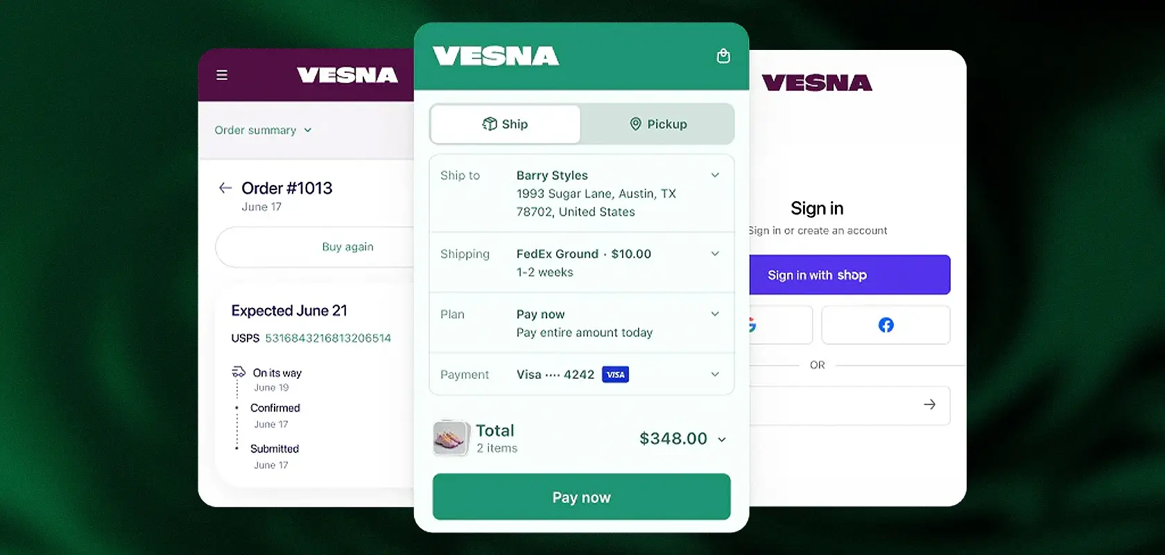 Mobile interface showing order summary, shipping options, and sign-in screen for an app named VESNA.