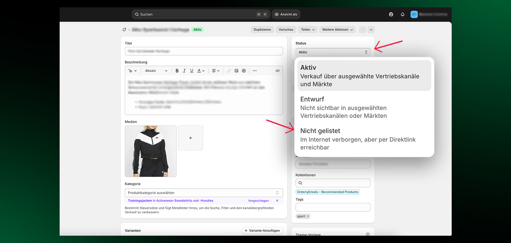 Screenshot einer Webseitenoberfläche mit einem Dropdown-Menü, das die Optionen „Aktiv“, „Entwurf“ und „Nicht gelistet“ anzeigt, hervorgehoben durch einen roten Pfeil.