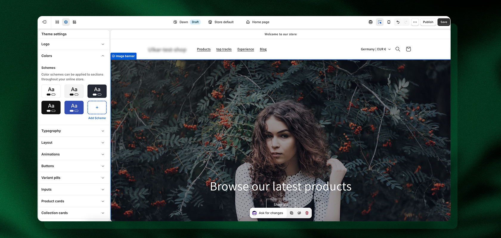A webpage editor interface showing a background image of a woman surrounded by foliage and the text "Browse our latest products."