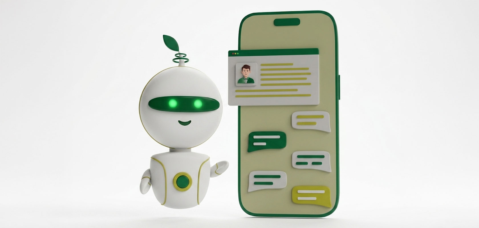 3D-Illustration eines kleinen, freundlichen Chatbot-Roboters neben einem Smartphone mit Chat-Sprechblasen.