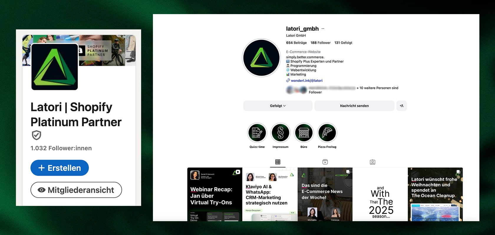 Profil der Latori GmbH auf LinkedIn mit Informationen darüber, dass sie Shopify Platinum Partner ist, und verschiedenen Beiträgen, die unten angezeigt werden.