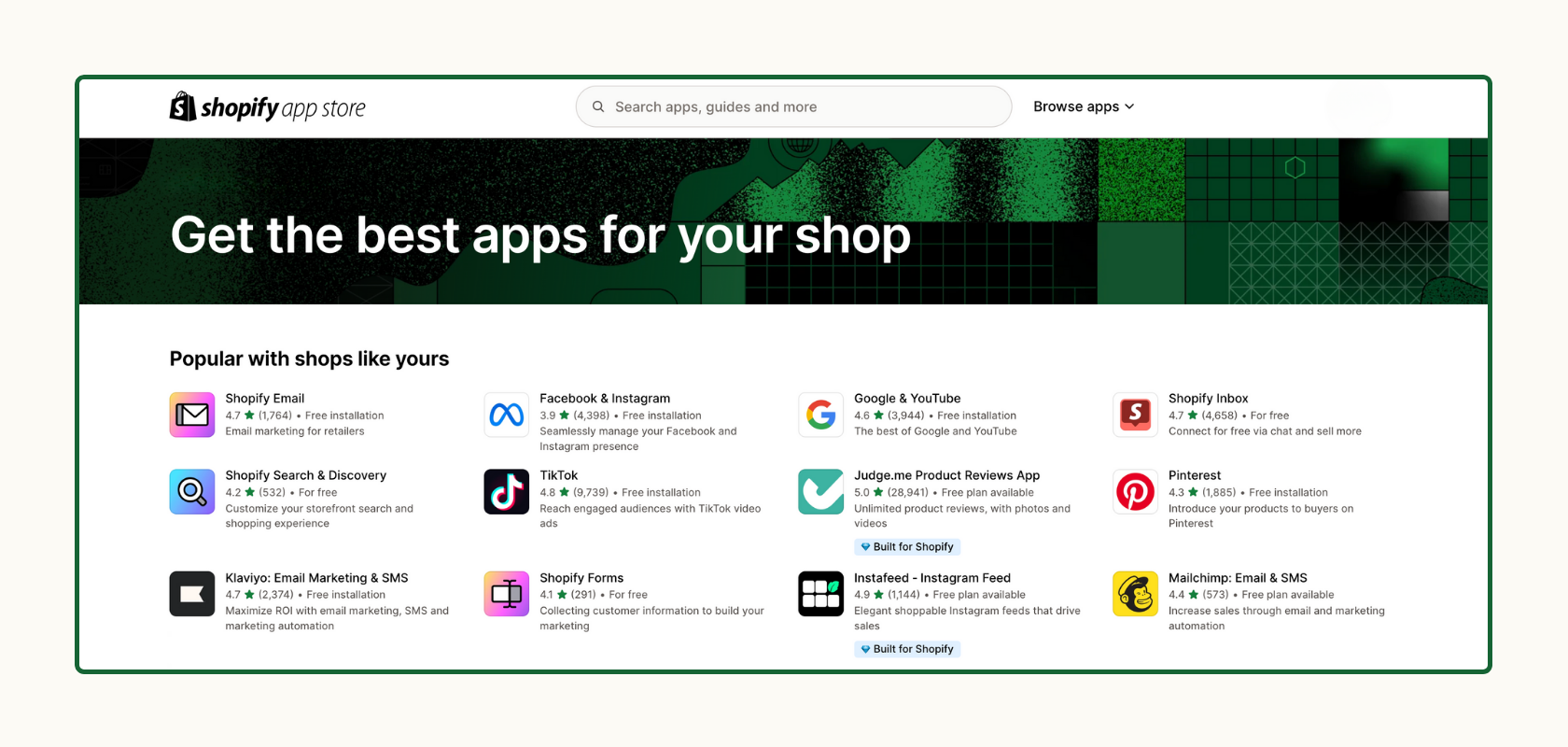 Shopify app store homepage, showcasing popular apps with icons and descriptions on a green-themed background.