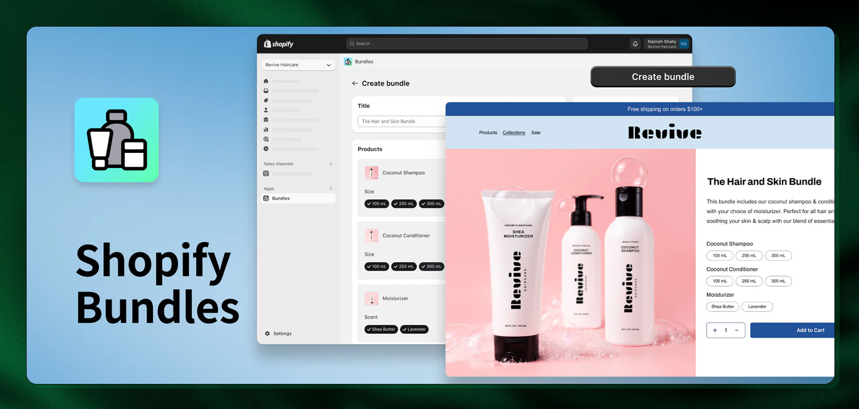 Shopify Bundles interface showing a product bundle creation page and a sample beauty product bundle display with bottles on a pink background.