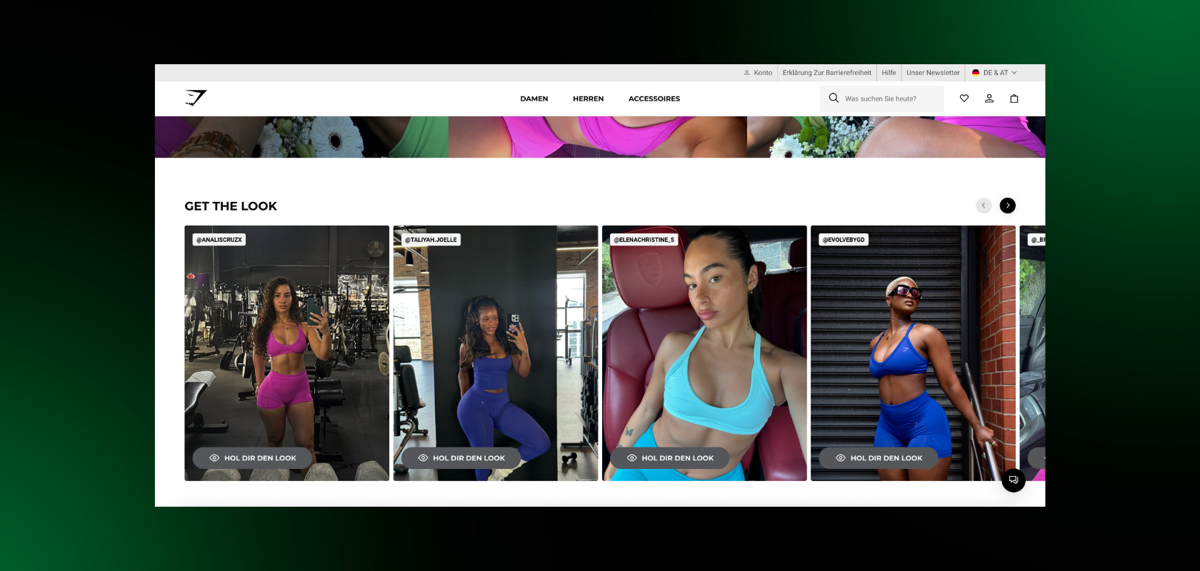 Website, die vier Frauen in Sportkleidung zeigt, jede in einer anderen Umgebung: Fitnessstudio, Zuhause, Auto und im Freien.