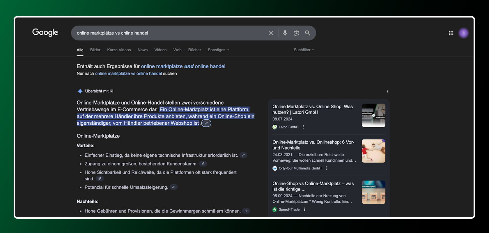 Google-Suchergebnisseite für „Online-Marktplätze vs. Online-Handel“, mit einer Liste von verwandten Links und Beschreibungen.