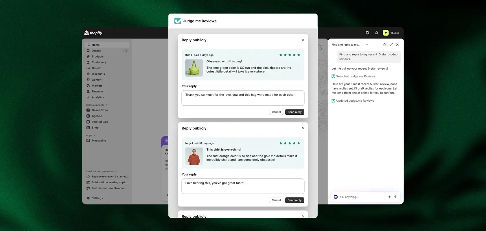Screenshot of a Shopify interface showing customer reviews. Two reviews are displayed with options to reply publicly.
