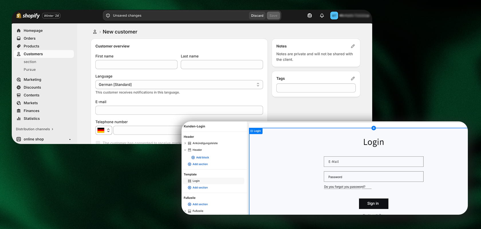 Two overlapping screenshots: one is a customer information form on Shopiy with German labels, the other is a simple login form with email and password fields.