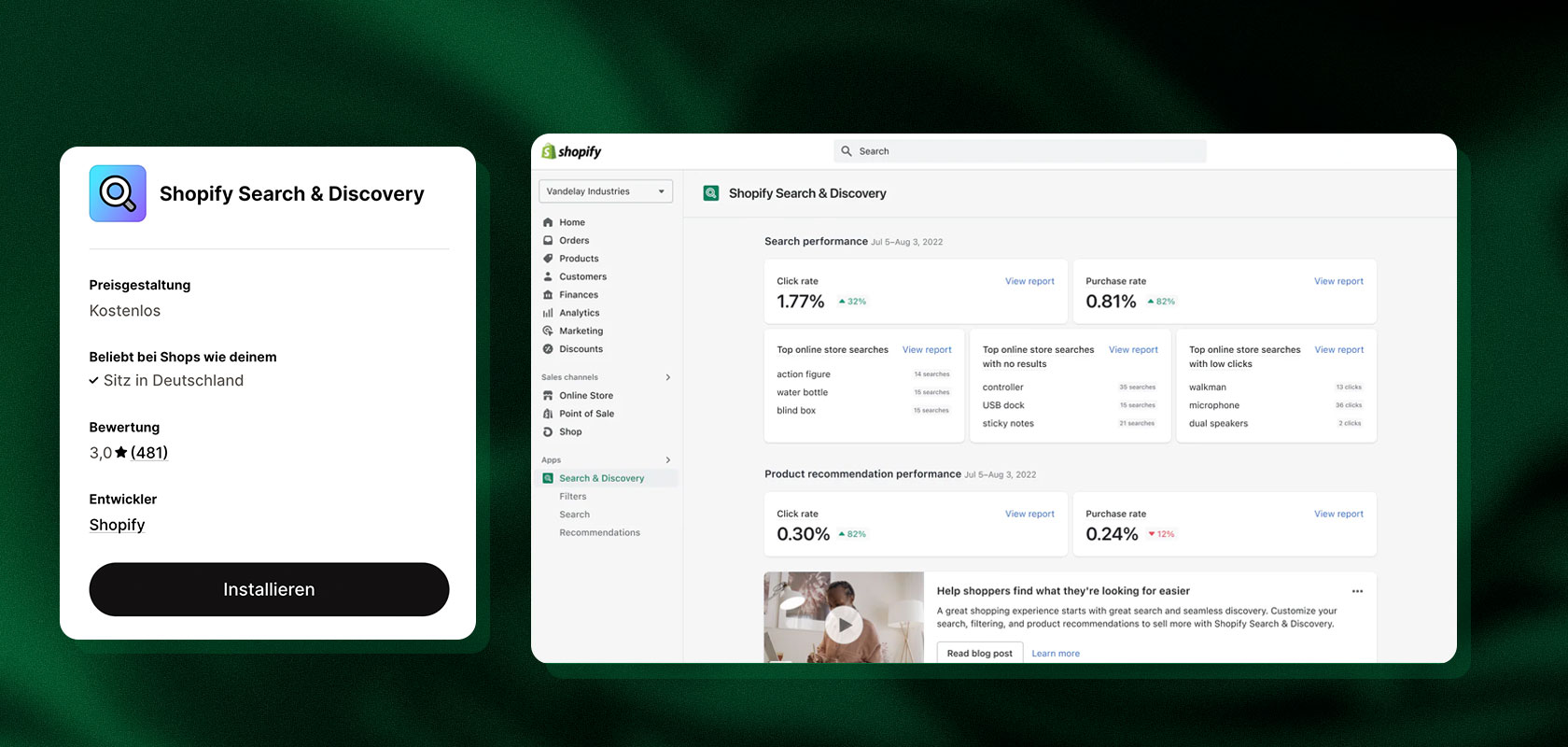 Shopify interface for “Search & Discovery” with performance metrics, including click-through rates and recommendations, as well as an installation button in the left-hand panel.
