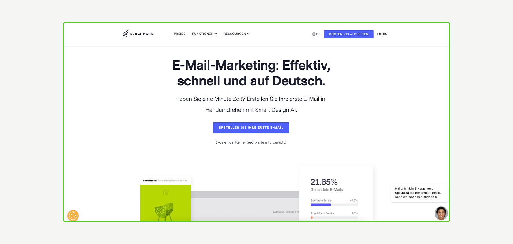 Website-Startseite in deutscher Sprache zur Bewerbung von E-Mail-Marketing-Dienstleistungen mit einem Call-to-Action-Button und KI-Designfunktionen.