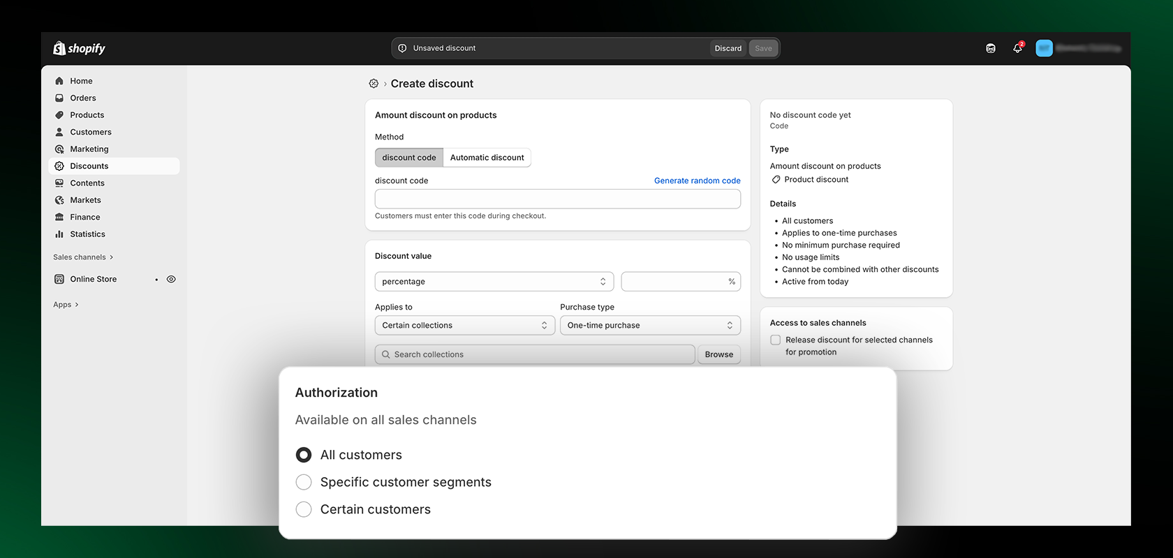 screenshot of the Shopify backend showing the discount codes per customer segment