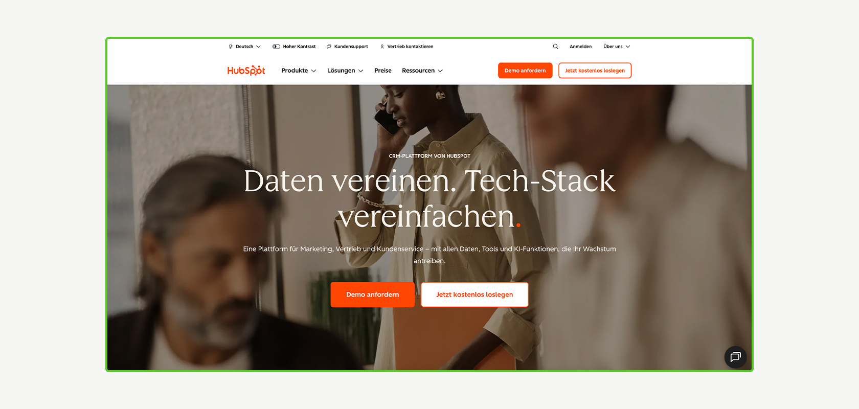 A woman talks on the phone in an office setting. The website header reads “Unify data. Simplify tech stack.”