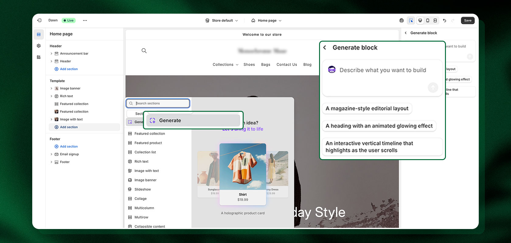 Eine Webseiten-Editor-Oberfläche mit einer Funktion zum Erstellen von Blöcken, die Optionen für das redaktionelle Layout, animierte Überschriften und eine interaktive vertikale Zeitleiste bietet.