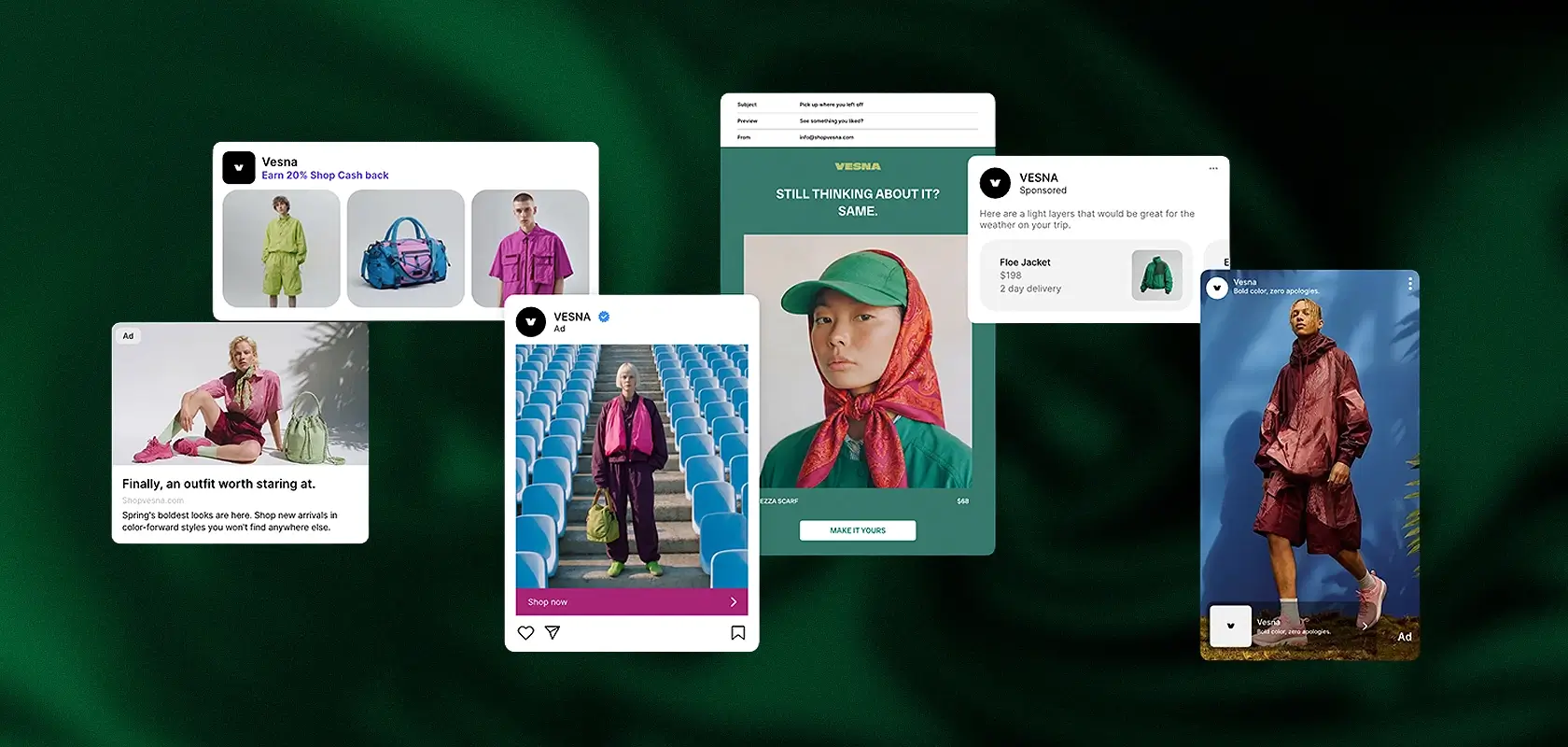 Collage of various fashion-themed social media posts showcasing colorful outfits, including models in vibrant clothes and accessories.