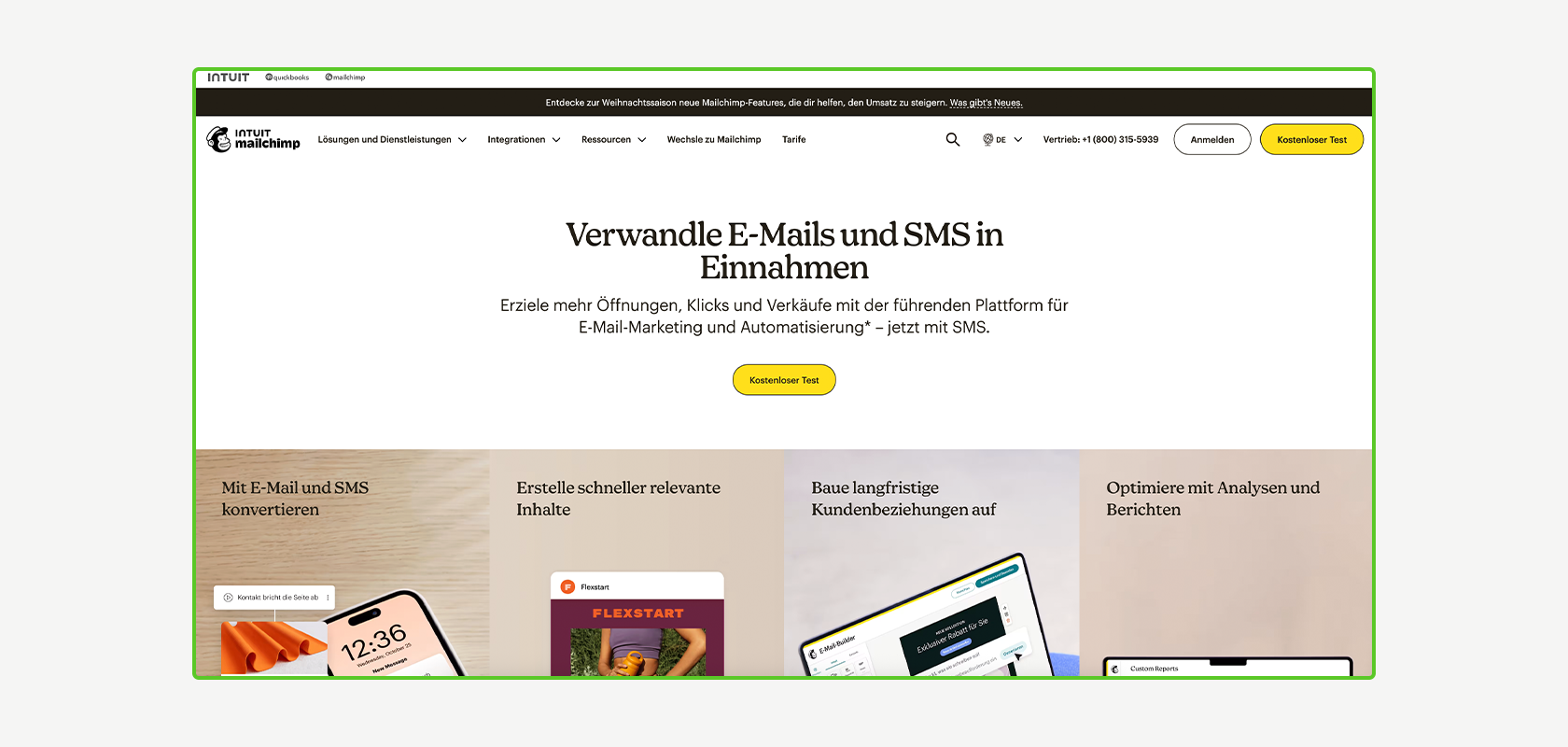 Screenshot der Startseite einer Website für E-Mail-Marketing mit Kopfzeile, Navigationsmenü und verschiedenen Werbebereichen mit Bildern und Text.