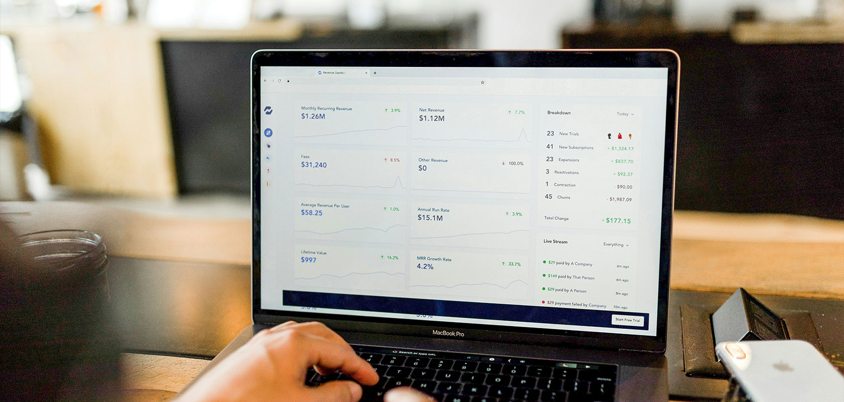Person, die in einem modernen Arbeitsbereich einen Laptop mit Finanzdaten und Grafiken nutzt, wobei der Schwerpunkt auf Umsatz- und Wachstumskennzahlen liegt.