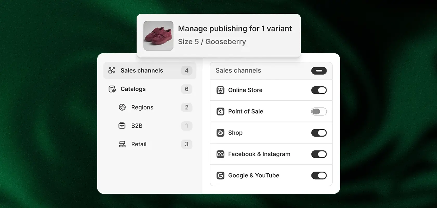 Dashboard providing an overview of sales channels, with toggle buttons for the online store, POS, brick-and-mortar store, and social media, as well as a shoe variant labeled “Size 5 / Gooseberry.”