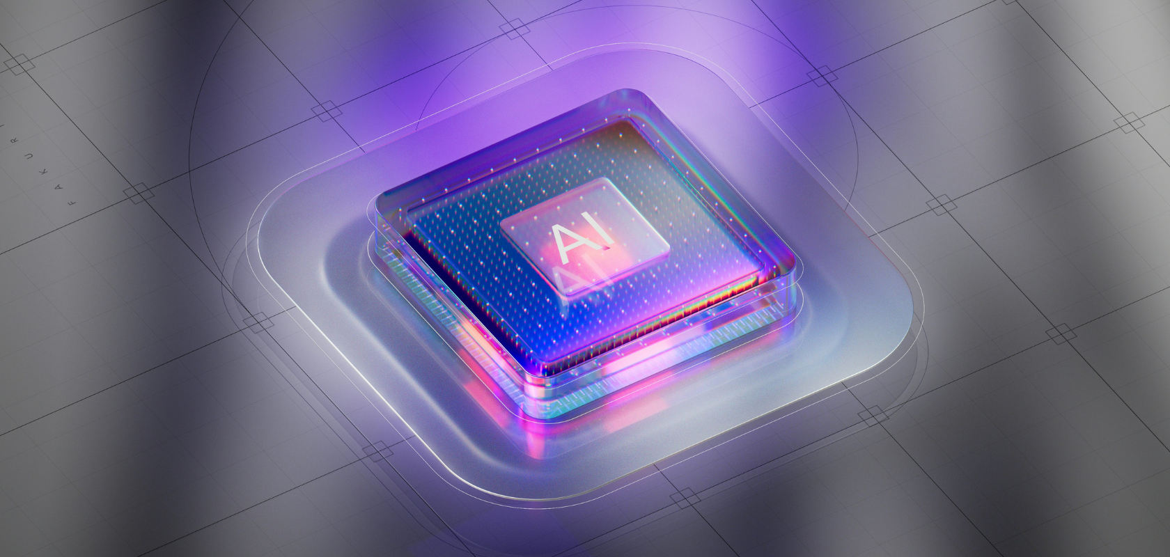 Ein futuristischer KI-Mikrochip mit leuchtenden violetten und blauen Farbtönen auf einer glatten, reflektierenden Oberfläche.