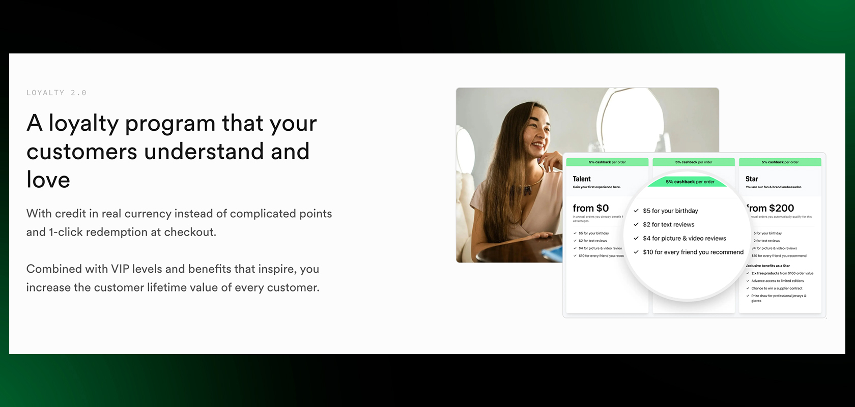 A loyalty program webpage with text about customer benefits and a highlighted section showing different tiers and rewards.
