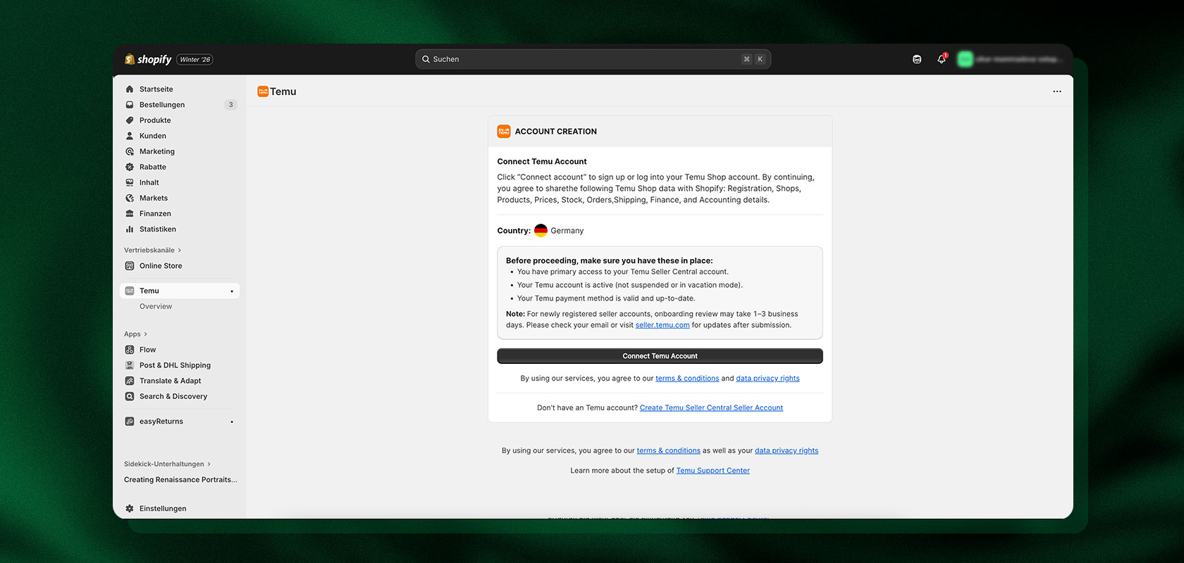 Temu Account creation