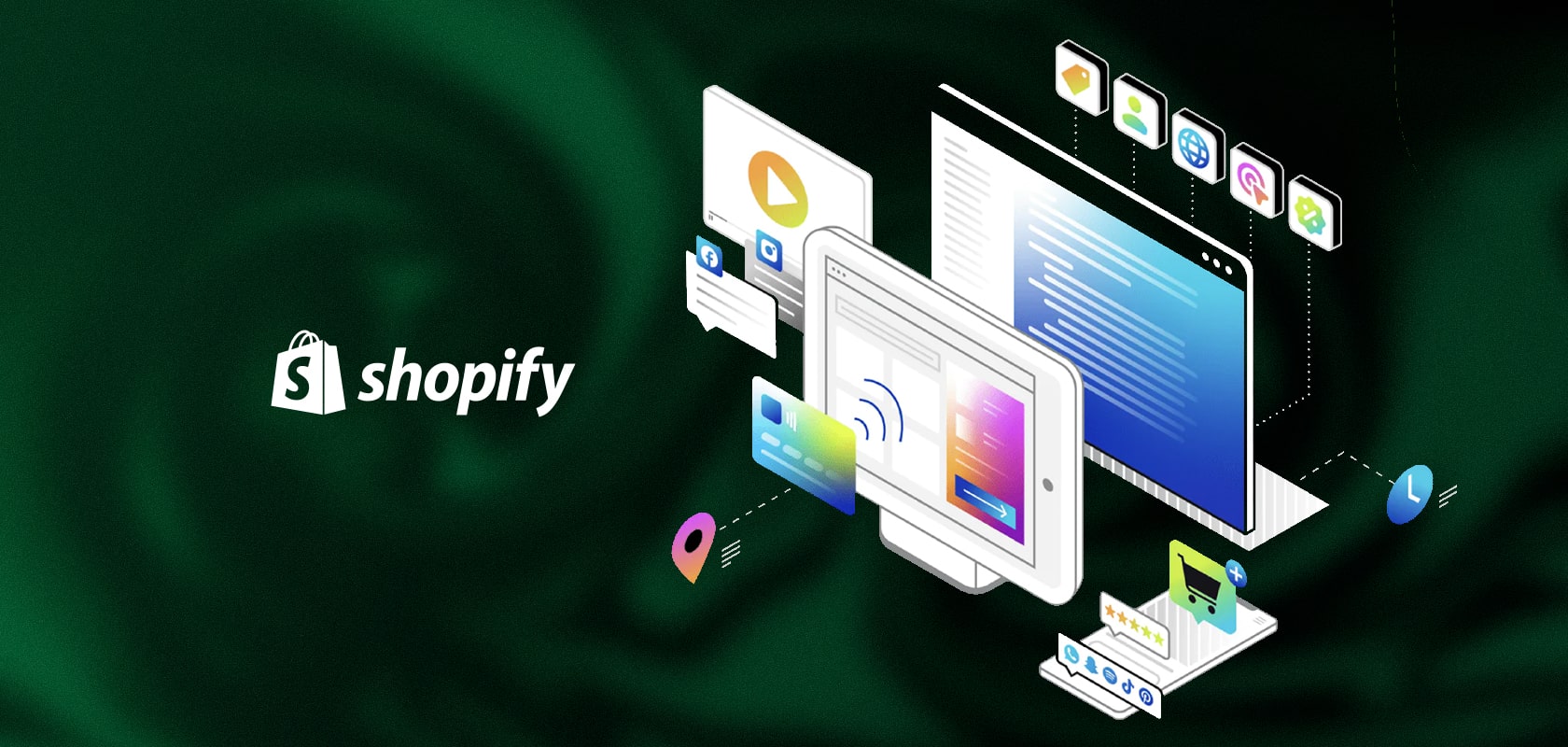 Shopify-Logo links mit illustriertem Laptop, Tablet, Smartphone und schwebenden App-Symbolen auf grünem Hintergrund.