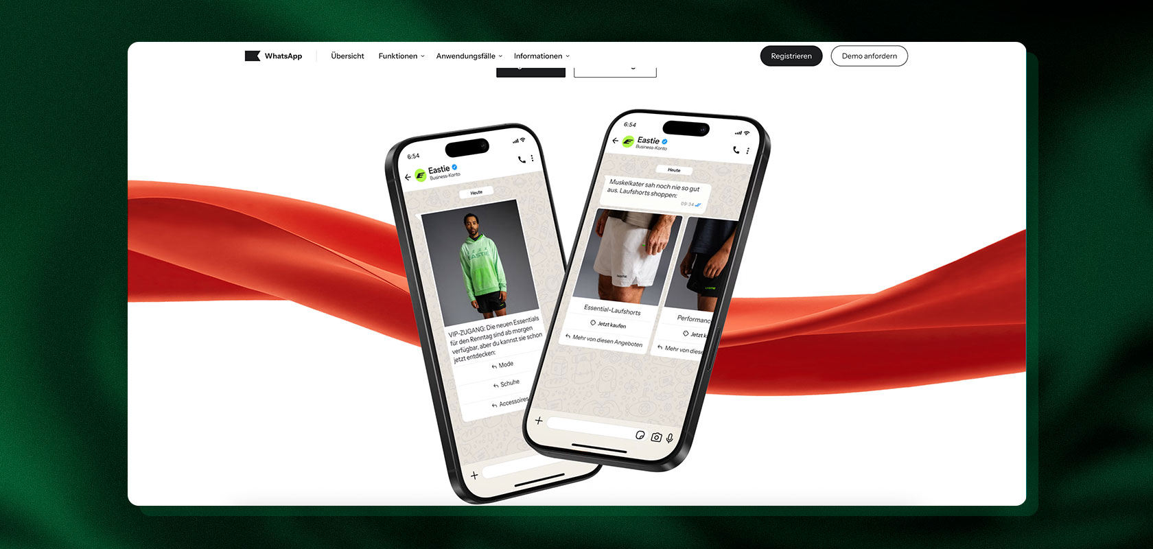 Screenshot einer Klaviyo-Webseite mit zwei Smartphones, die WhatsApp-Marketingnachrichten anzeigen.