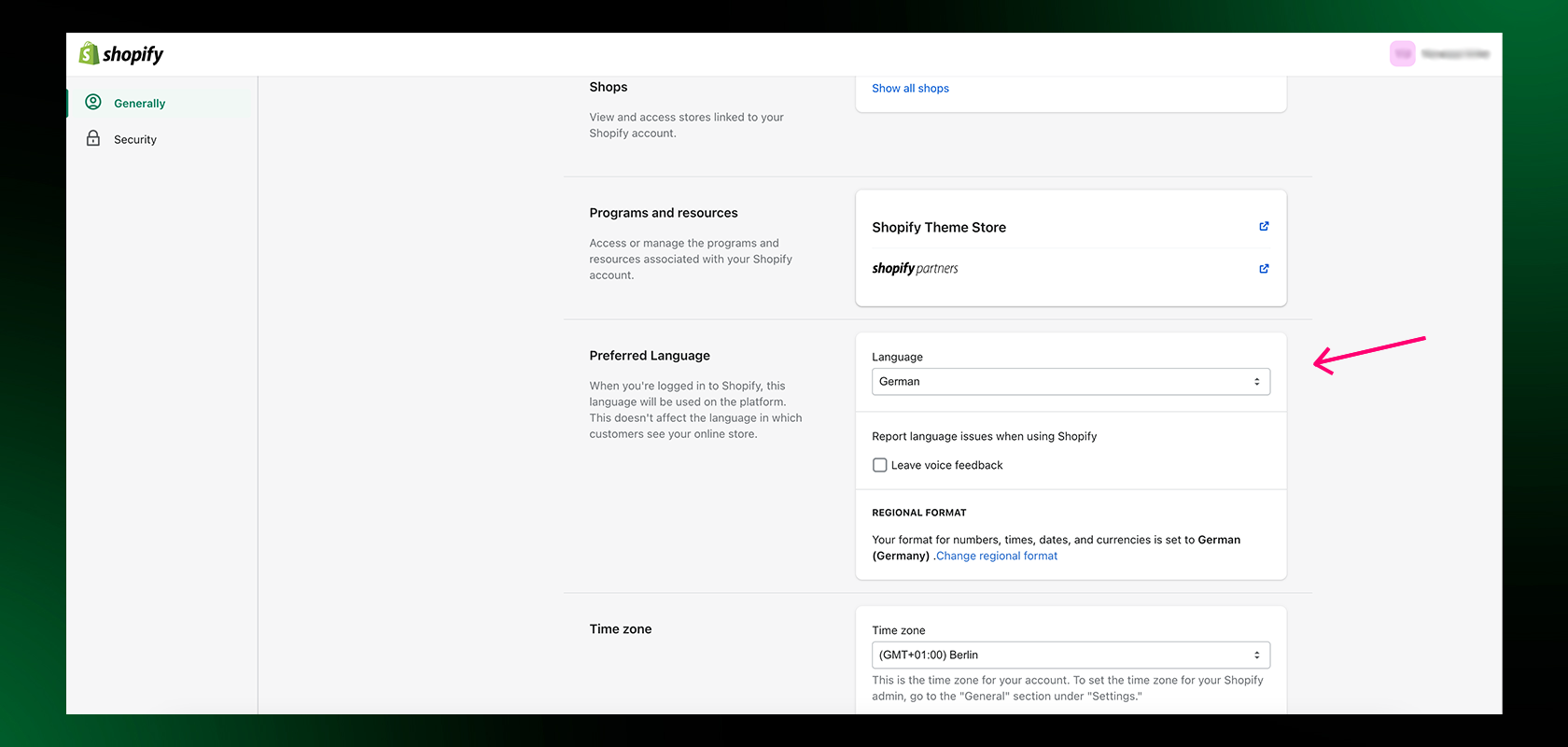 Shopify settings page in German with options for language, time zone, and theme store. A pink arrow points to the drop-down menu for language.