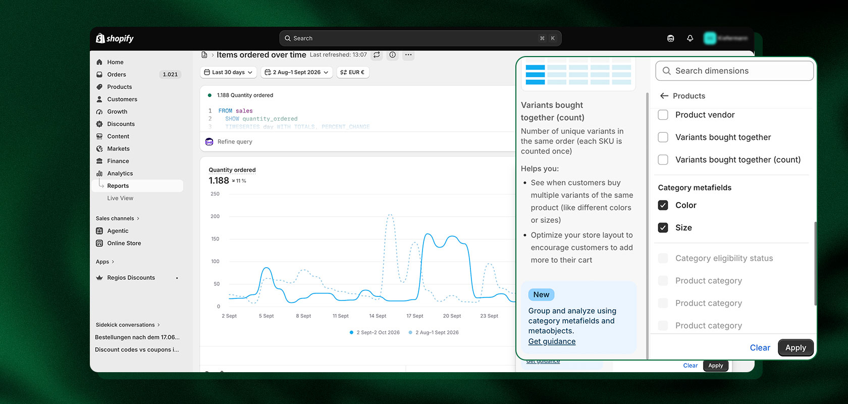 screenshot of shopify anayltics and the possible metafield filters