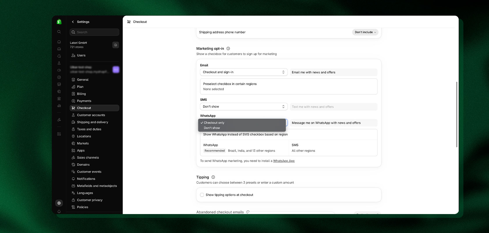 Screenshot of Shopify and the whatsapp opt-in for the checkout