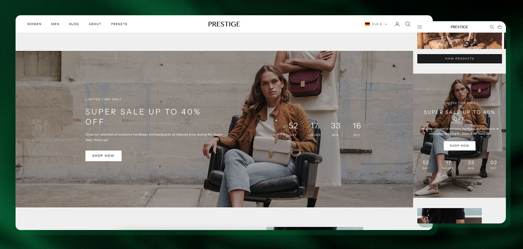 Mode-Website, auf der eine Frau mit einer Handtasche zu sehen ist und die mit einem Countdown und einem „Jetzt einkaufen“-Button für einen zeitlich begrenzten Sale mit bis zu 40 % Rabatt wirbt.