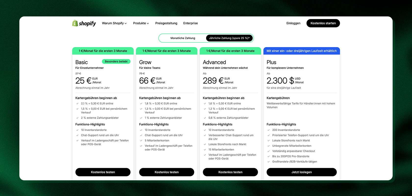 Shopify-Preispläne im Vergleich: Basic, Grow, Advanced, Plus. Jeder Plan enthält die monatlichen Kosten und Funktionen. Optionen zur Auswahl einer jährlichen Abrechnung.